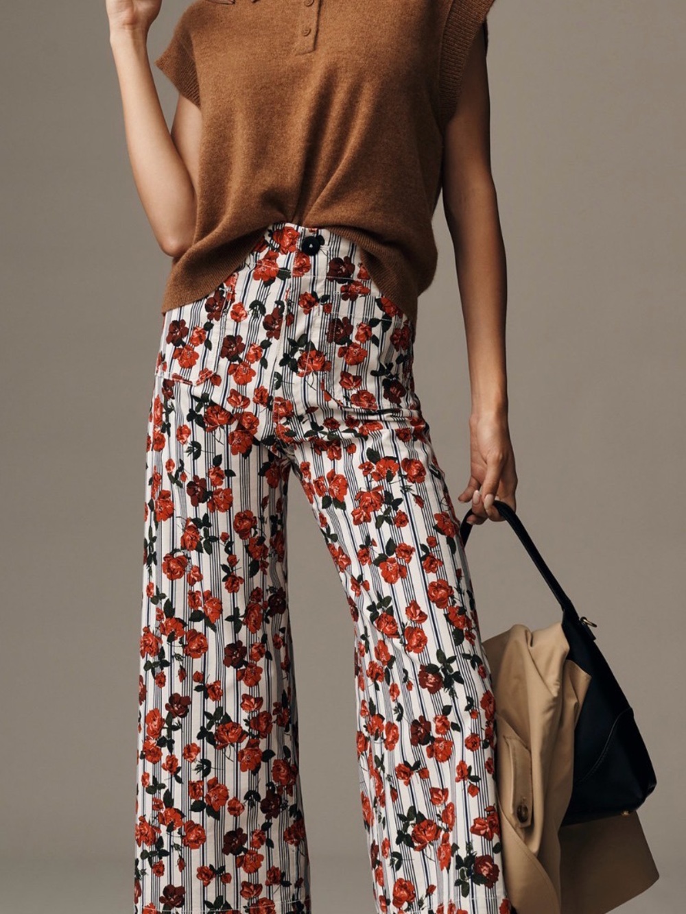 Maeve White Pinstripe Wide-Leg Pants with Red Floral Print